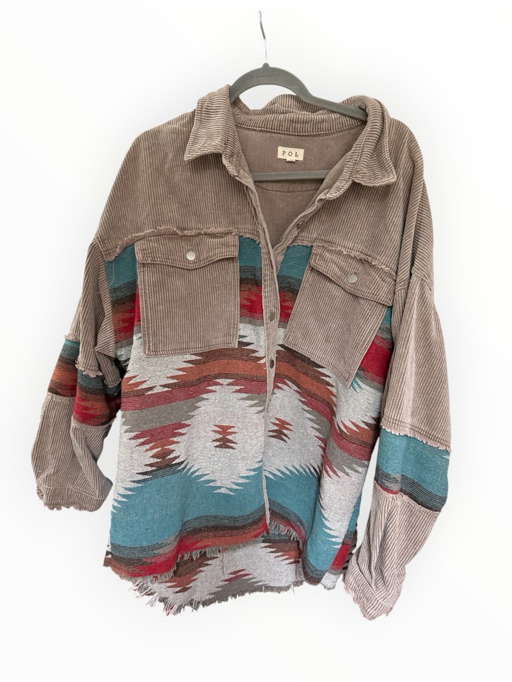 POL Corduroy southwestern Aztec Shacket in Taupe, Teal & Rust women’s large
